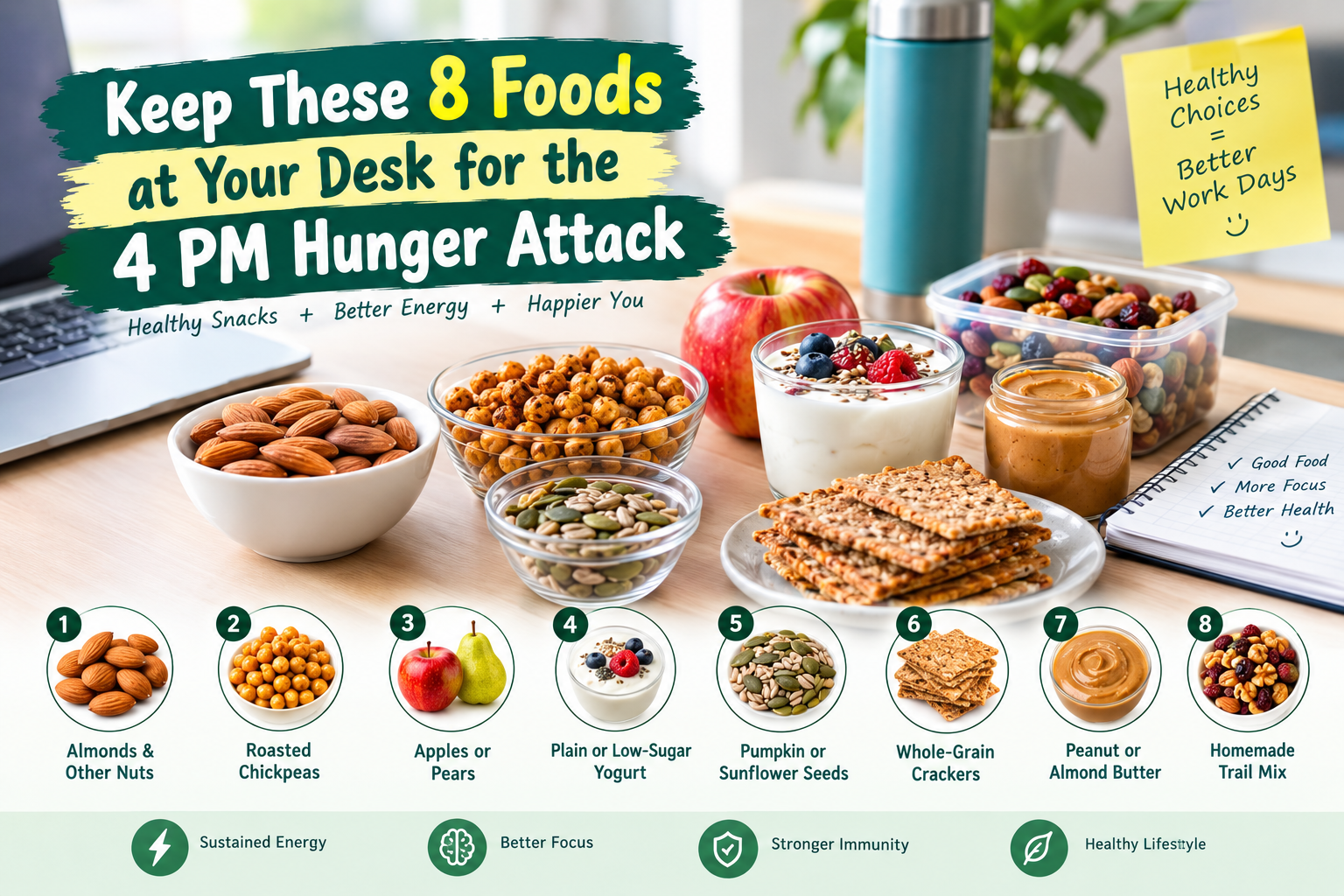 8 healthy desk-friendly foods for 4 PM hunger, including almonds, roasted chickpeas, apples, yogurt, seeds, whole-grain crackers, nut butter, and homemade trail mix.
